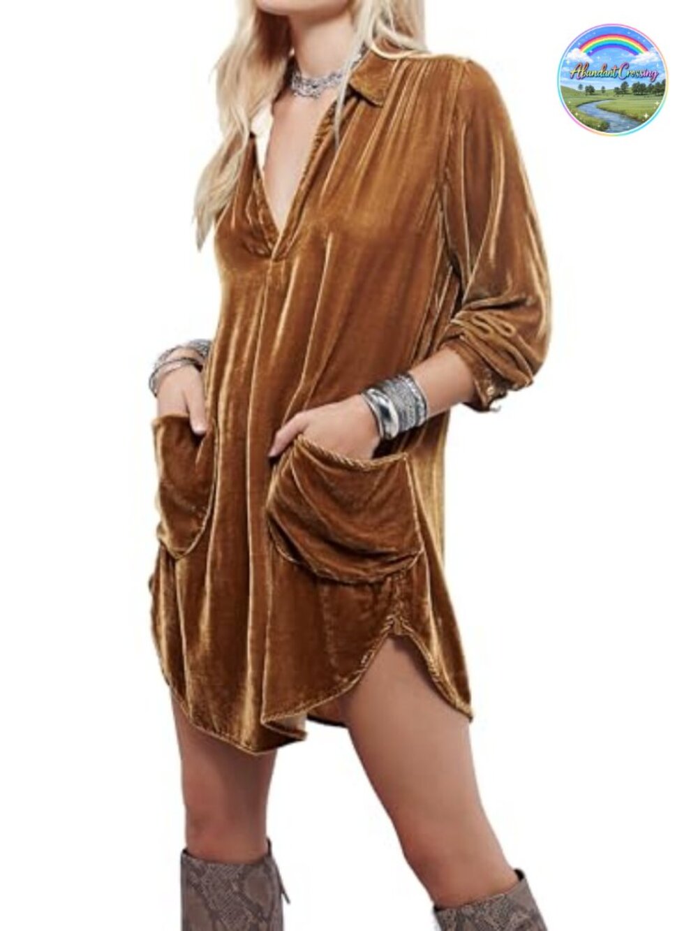 R.Vivimos Womens Velvet Long Sleeve Pocket Casual Mini Shirt Dress